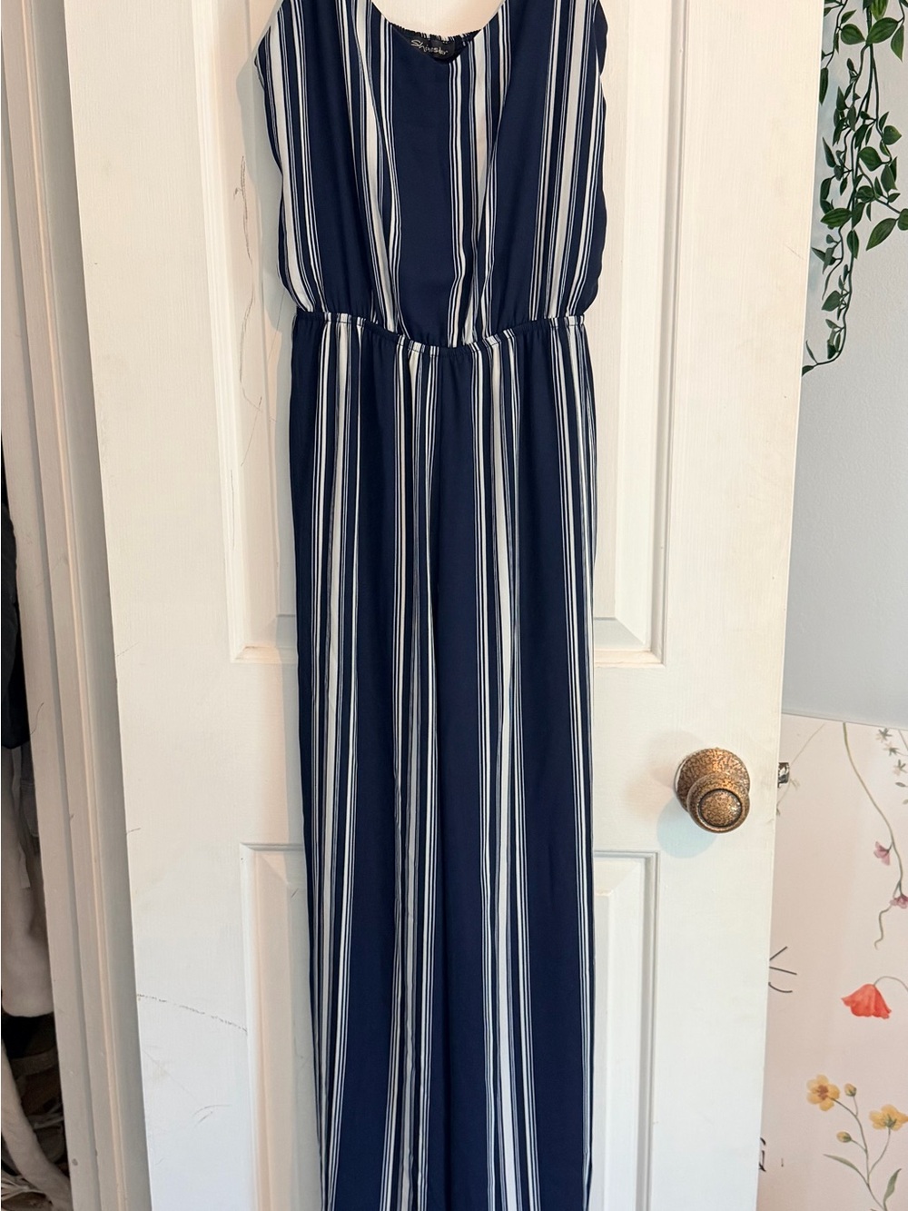 Women's Navy and White Striped Sleeveless Jumpsuit